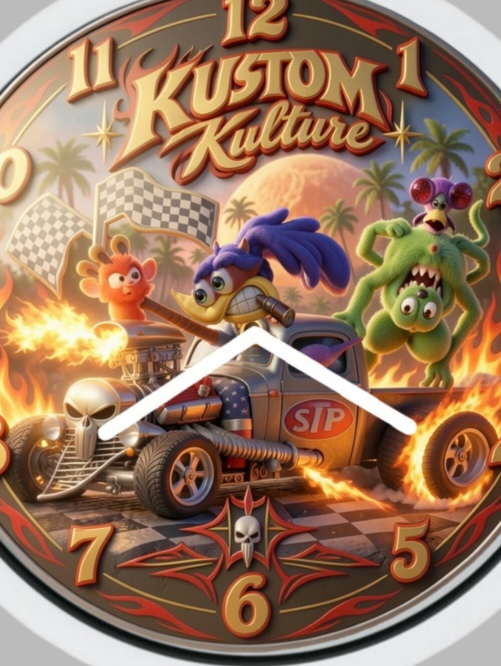 Angry Bird And Rat Rod Fink Bottoms Up Kustom Kulture Halloween Christmas Clock.